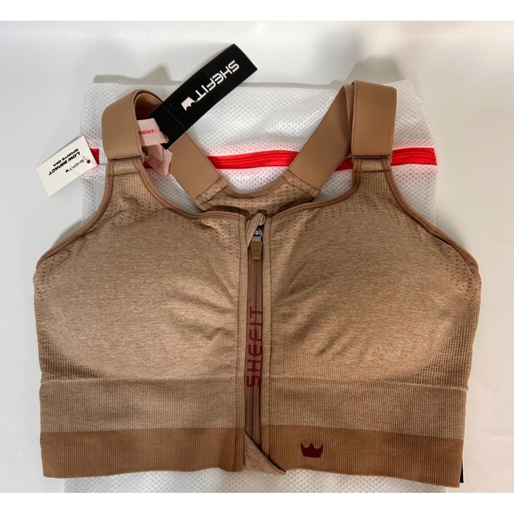 NEW SHEFIT Low Impact Sports Bra Front Zip Closure Heathered Tan 1Luxe a